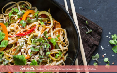 Courgette noedels met paprika, koriander en pinda’s