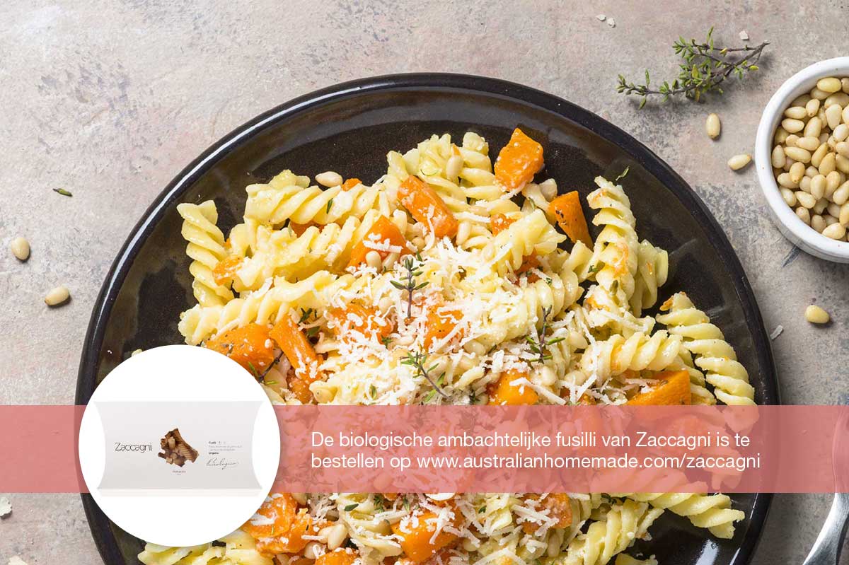 Recept fusilli met pompoen tijm en pijnboompitten | DGA bedrijfscatering | biologisch